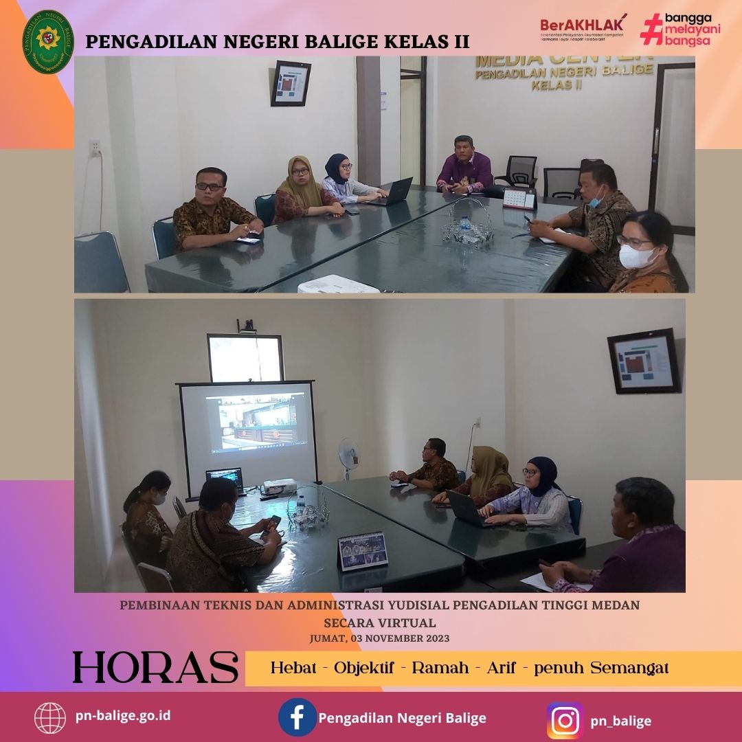 Pembinaan Teknis dan Administrasi Yudisial Pengadilan Tinggi Medan secara virtual pada hari Jumat 03 November 2023 Pembinaan Teknis dan Administrasi Yudisial Pengadilan Tinggi Medan secara virtual pada hari Jumat 03 November 2023
